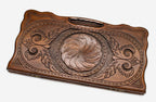 Carved beechwood backgammon board with an infinity ornament, propped open