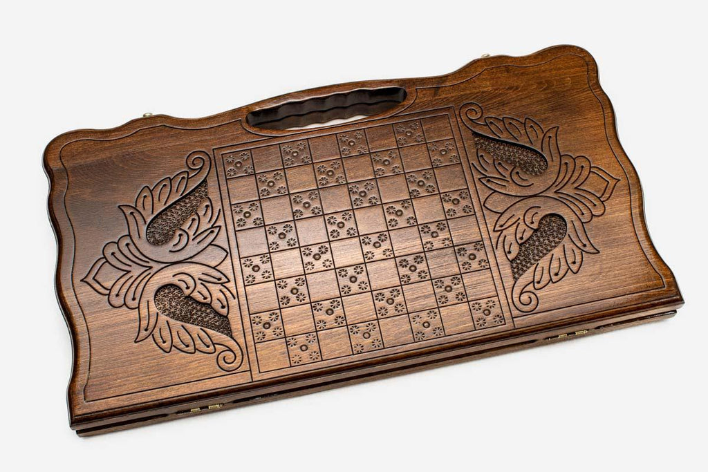 Angled view of the infinity ornament carved backgammon board