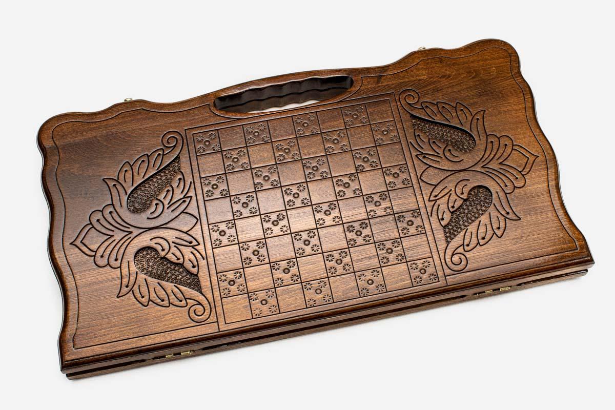 Angled view of the infinity ornament carved backgammon board