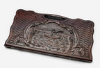 Carved beechwood backgammon board with a fisherman, propped open