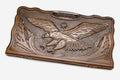 Carved beechwood backgammon board with an eagle in an octagon ornament, propped open
