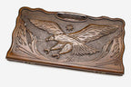 Carved beechwood backgammon board with an eagle in an octagon ornament, propped open