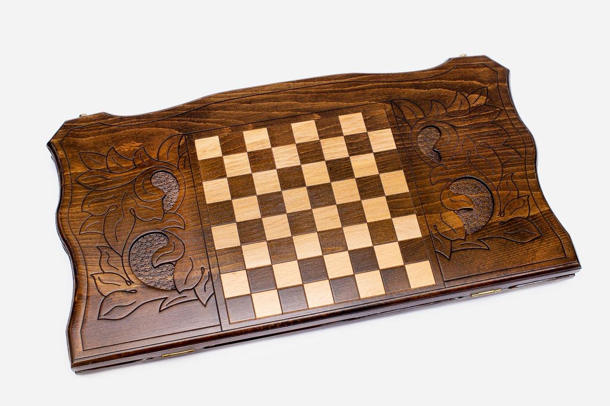 Tall ship backgammon set folded, carved face showing