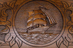 Wooden ship backgammon set with checkers and dice