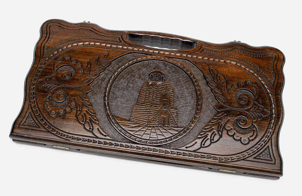 Carved beechwood backgammon board with the Noravank Monastery, propped open