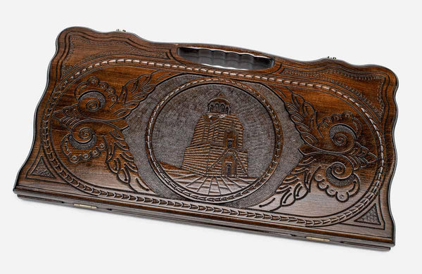 Carved beechwood backgammon board with the Noravank Monastery, propped open