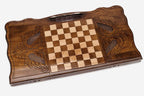 Angled view of the lion in octagon carved backgammon board