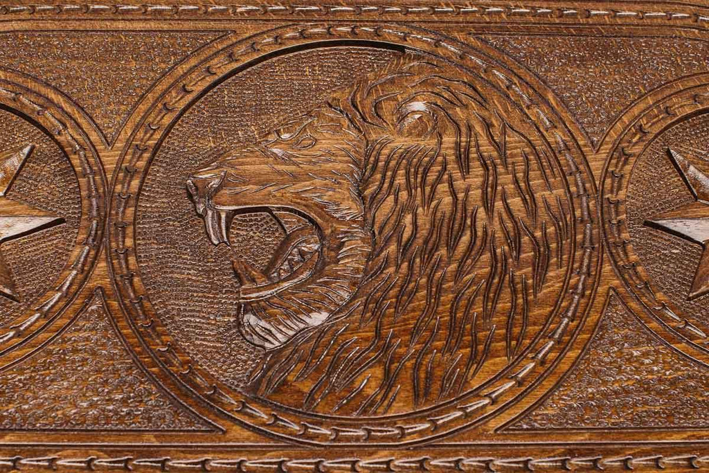 The backgammon board opened to show the wooden playing surface