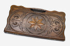 Carved beechwood backgammon board with an octagon ornament, propped open