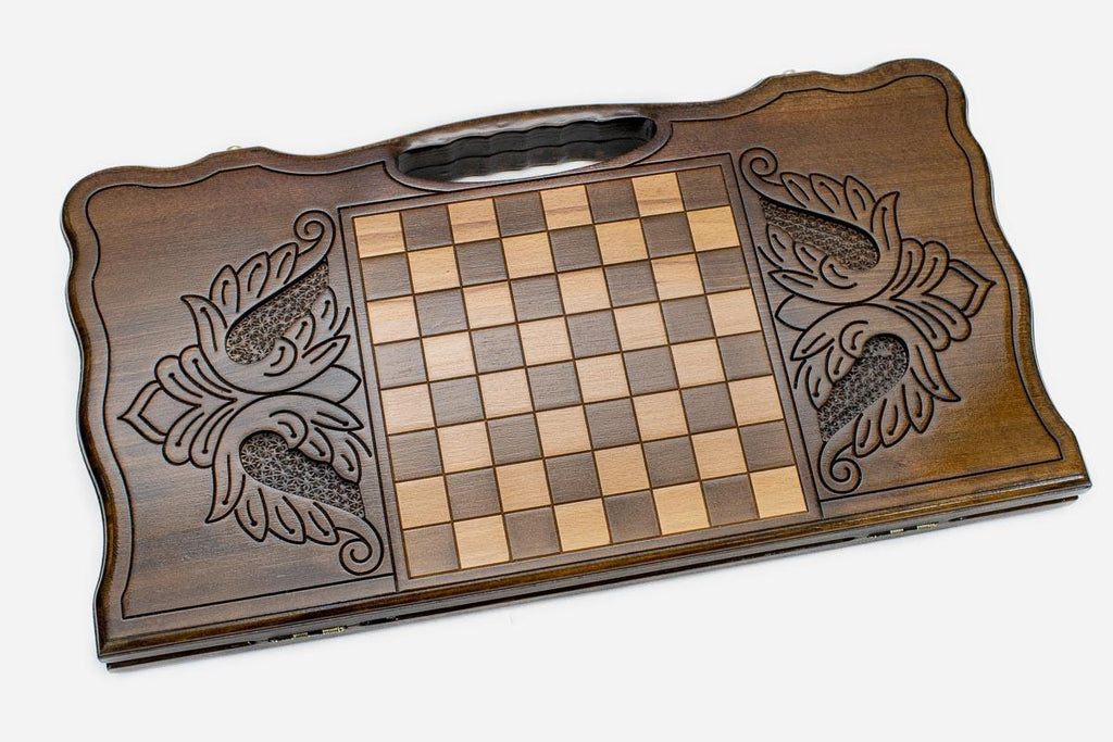 Angled view of the octagon ornament carved backgammon board