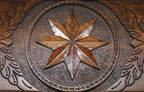 The backgammon board opened to show the wooden playing surface