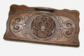 Carved beechwood backgammon board with the Russian coat of arms and a carry handle, propped open