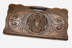 Carved beechwood backgammon board with the Russian coat of arms and a carry handle, propped open
