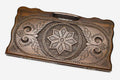 Carved beechwood backgammon board with an octagonal star ornament and a carry handle, propped open