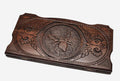 Hand-carved spider and web on wooden backgammon set lid