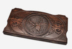 Hand-carved spider and web on wooden backgammon set lid