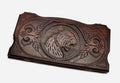 Hand-carved prowling tiger on wooden backgammon set lid