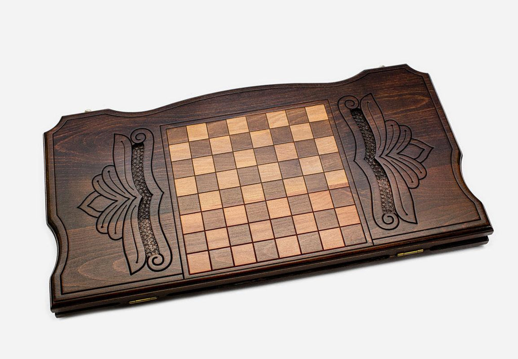Prowling tiger backgammon set folded, carved face showing