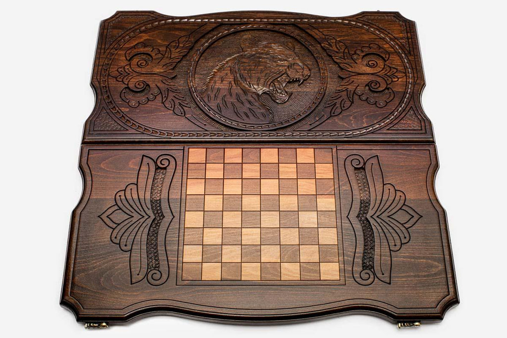 Close-up of the hand-carved tiger stripes in beech