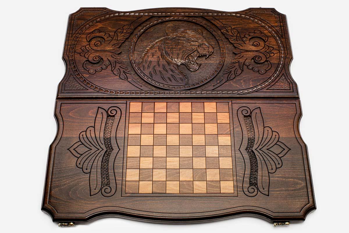 Close-up of the hand-carved tiger stripes in beech