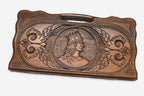 Carved beechwood backgammon board with a portrait of Tigran the Great, propped open
