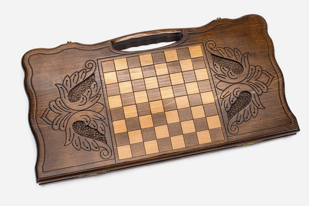 Angled view of the Tigran the Great portrait carved backgammon board