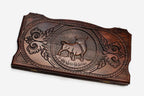 Hand-carved bull on wooden backgammon set lid