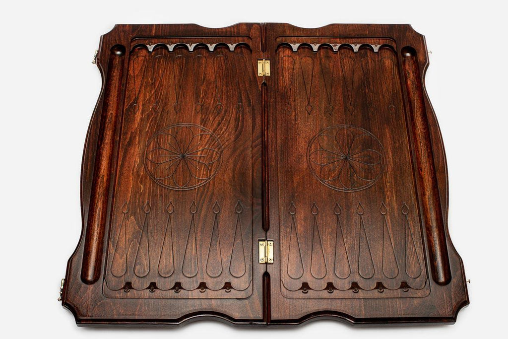 Bull backgammon set interior with carved points