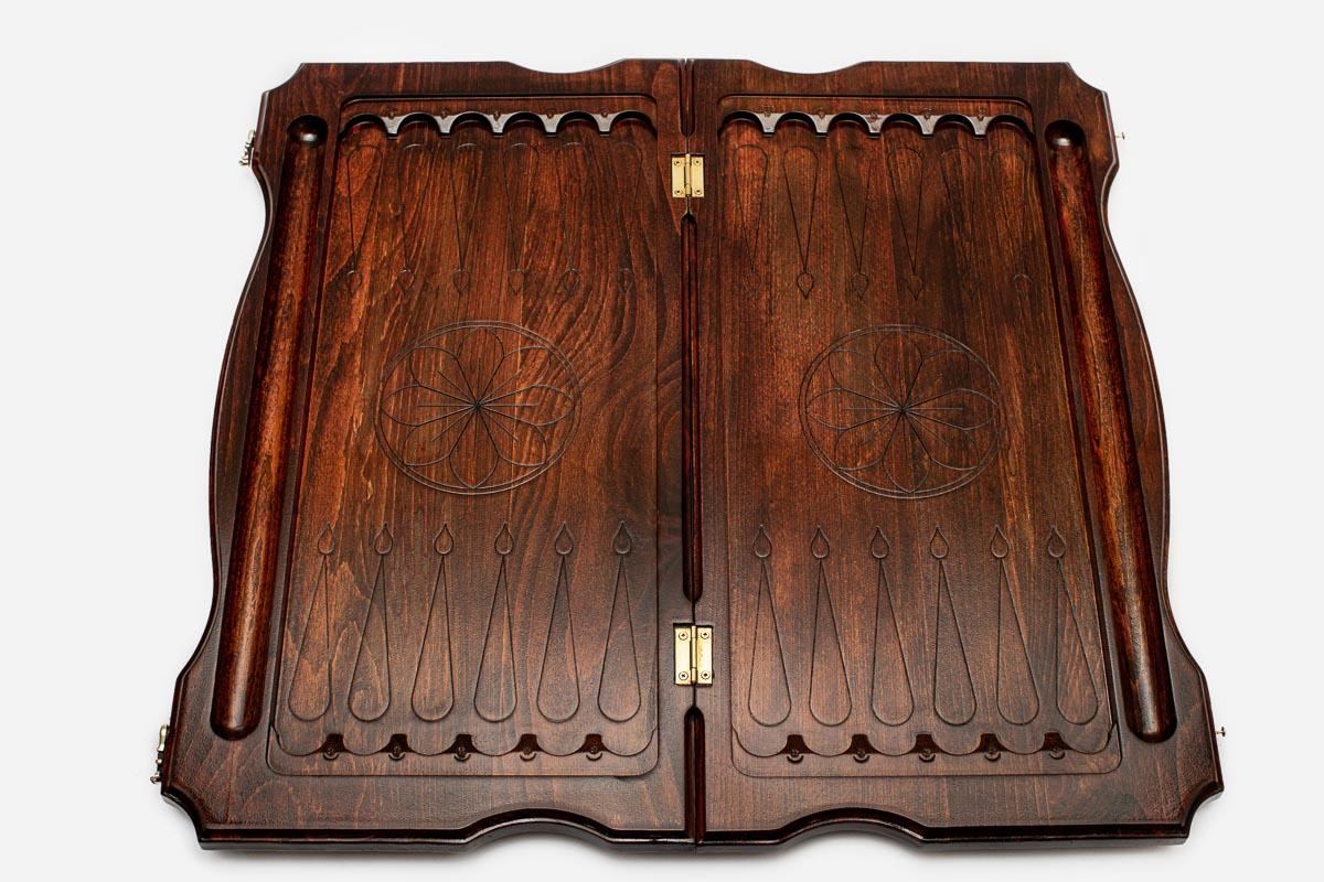 Bull backgammon set interior with carved points