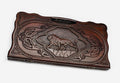 Carved beechwood backgammon board with a majestic lion and carry handle, propped open