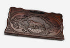 Carved beechwood backgammon board with a majestic lion and carry handle, propped open
