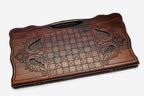 Angled view of the majestic lion carved backgammon board