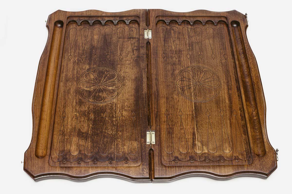 Lion backgammon set interior with carved points