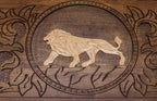 Wooden lion backgammon set with checkers and dice
