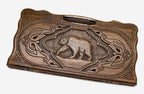 Carved beechwood backgammon board with a bold bear, propped open