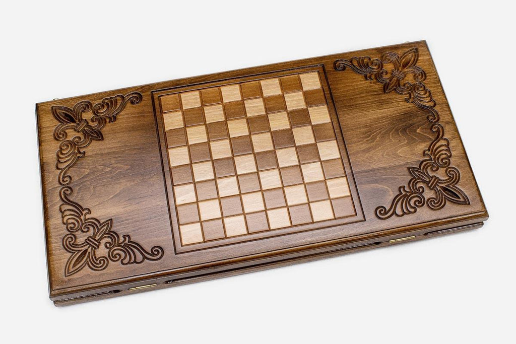 Traditional ornament backgammon set folded, carved face showing