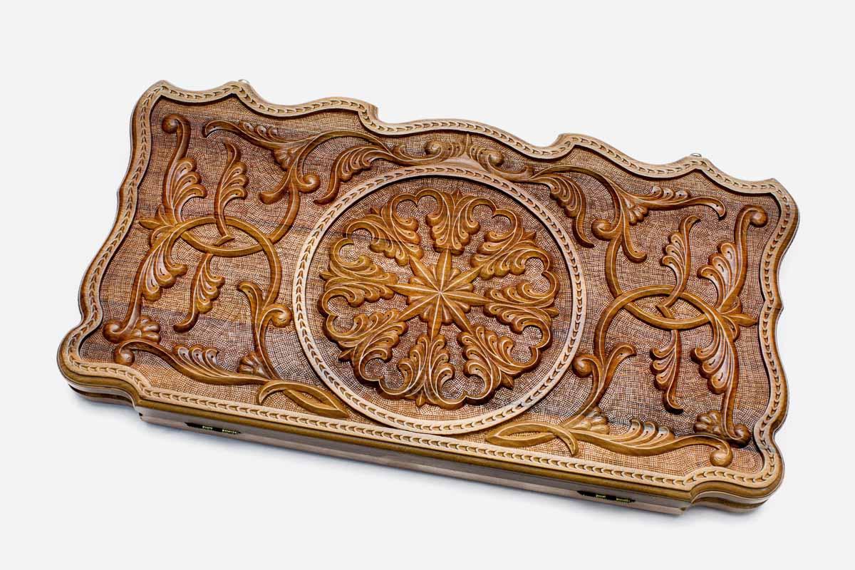 Luxury walnut backgammon set fully carved with Armenian ornament