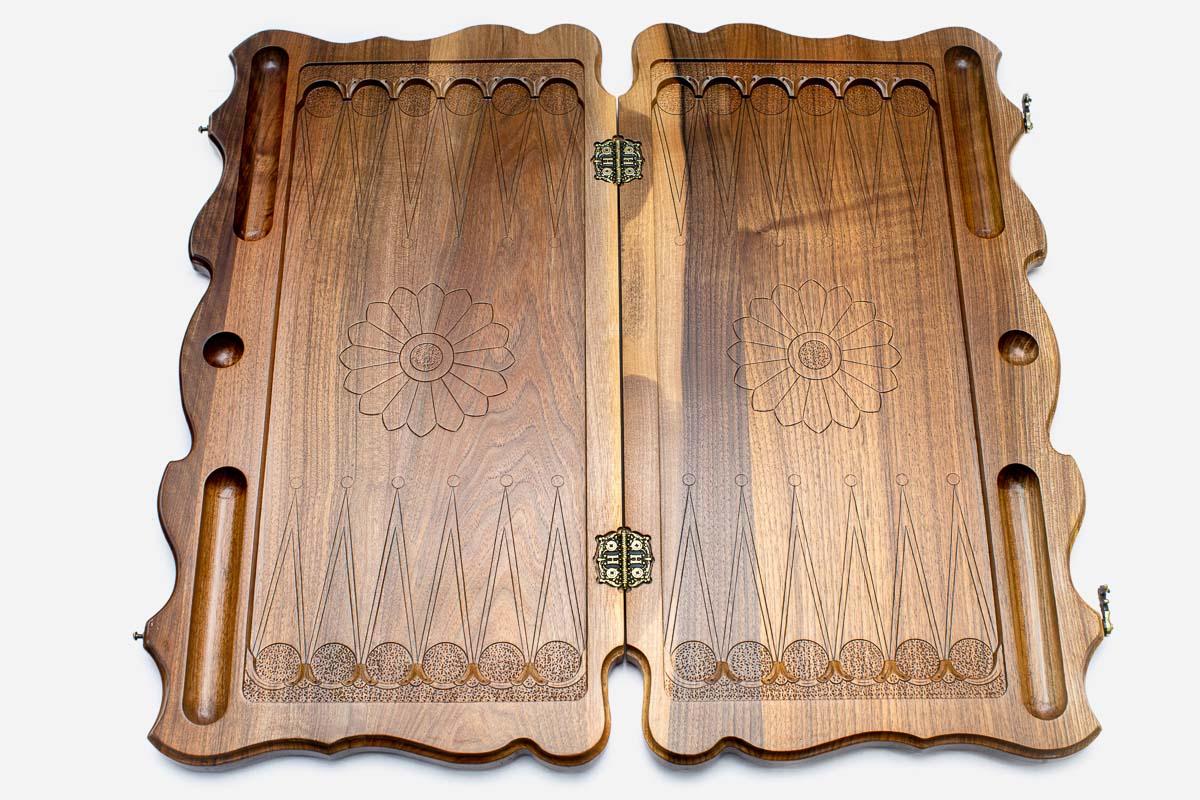 Fully carved walnut backgammon set folded, ornament covering every surface