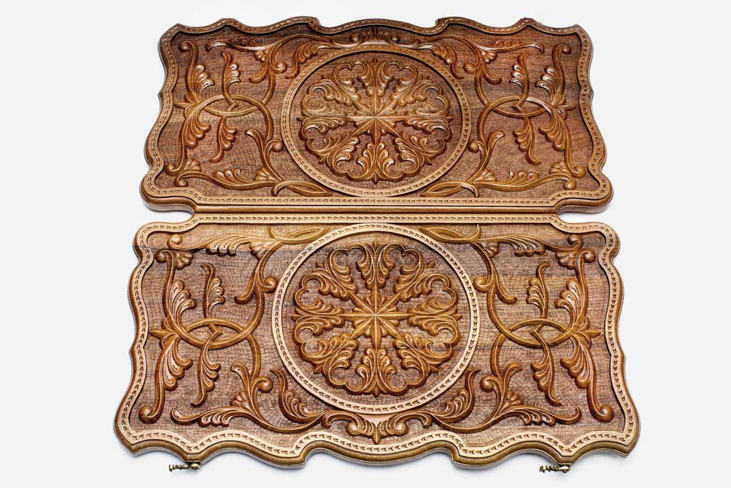 Walnut backgammon set interior with carved points