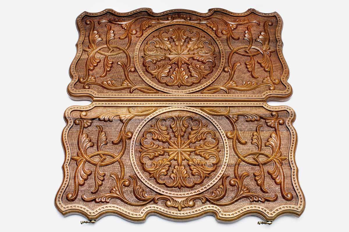 Walnut backgammon set interior with carved points