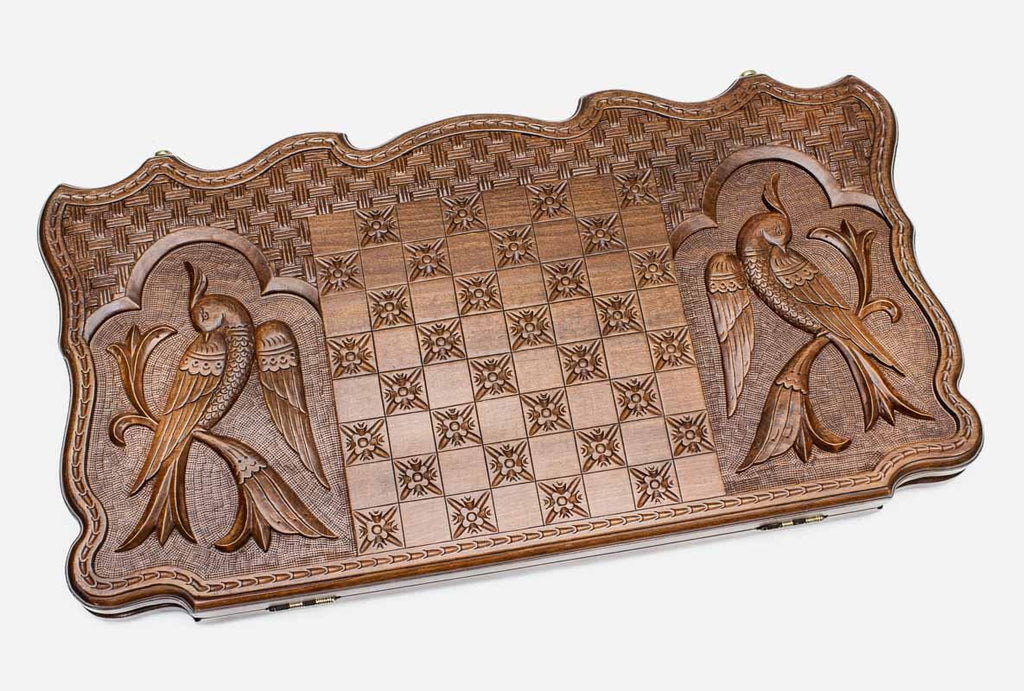 Heirloom classic backgammon set folded, bronze hinges showing