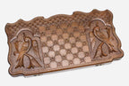 Heirloom classic backgammon set folded, bronze hinges showing