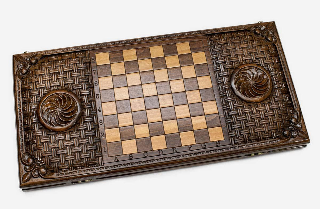 Infinity symbol backgammon set folded, carved loops showing