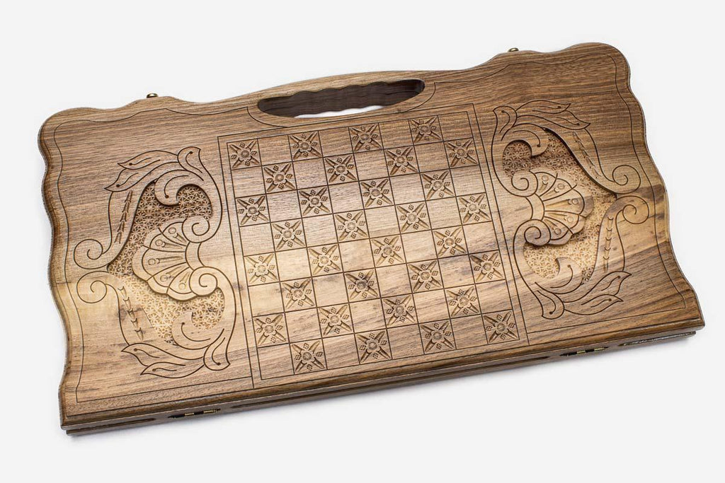 Angled view of the Saint Gayane church walnut backgammon board