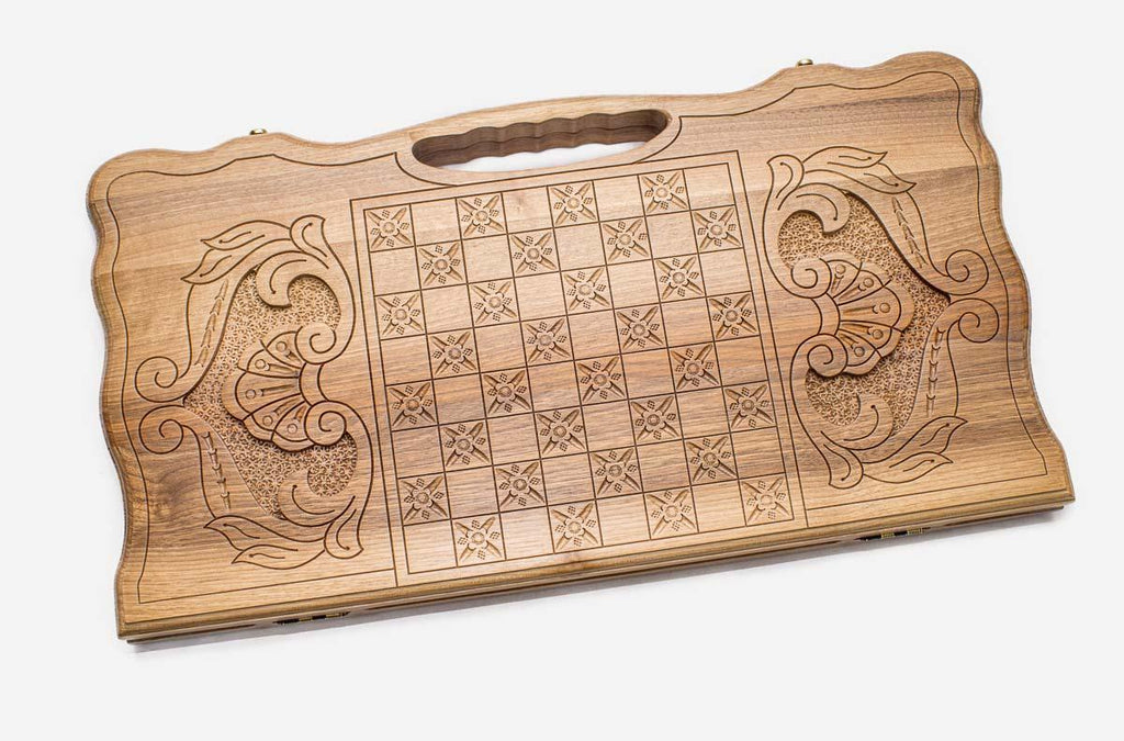 Angled view of the Echmiadzin cathedral walnut backgammon board