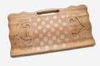 Angled view of the Echmiadzin cathedral walnut backgammon board