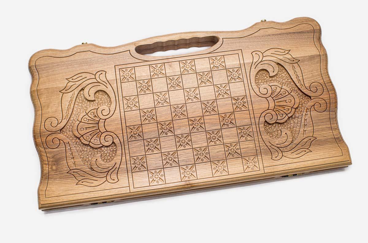 Angled view of the Echmiadzin cathedral walnut backgammon board