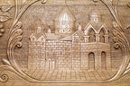 The backgammon board opened to show the wooden playing surface