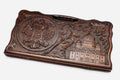 Carved beechwood backgammon board with the Russian coat of arms, name and a cathedral, propped open