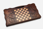 Angled view of the Russia national symbols carved backgammon board